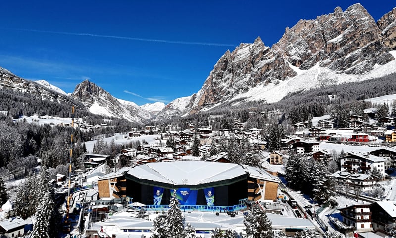 CORTINA D’ AMPEZZO (Italy): A drone view of Stadio Olimpico del Ghiaccio ahead of the Milano Cortina 2026 Winter Olympics on Monday.—Reuters CORTINA D’ AMPEZZO (Italy): A drone view of Stadio Olimpico del Ghiaccio ahead of the Milano Cortina 2026 Winter Olympics on Monday.—Reuters