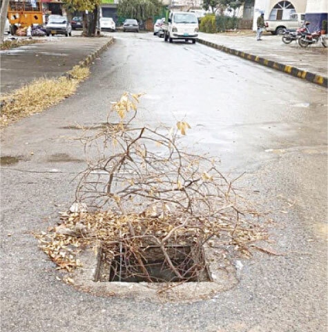 Tree branches mark an open manhole to warn passers by in a street in G-10 sector, Islamabad. &mdash; White Star