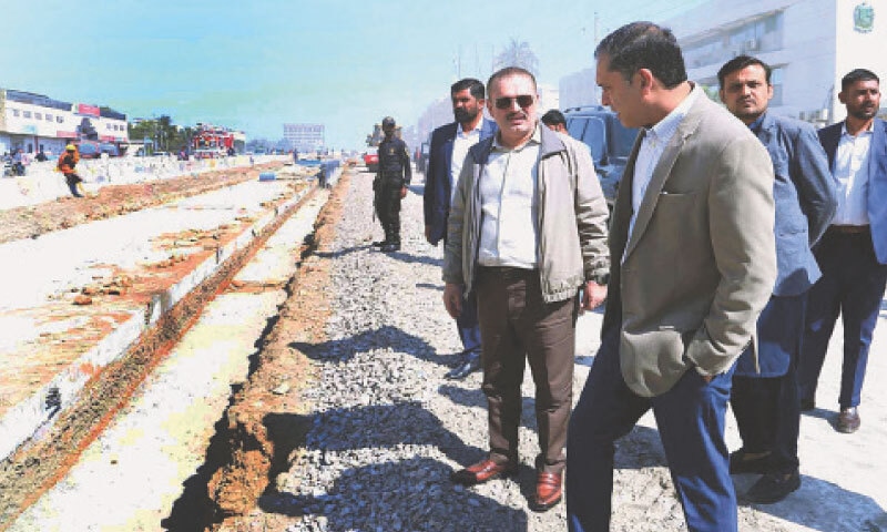 Minister Sharjeel Memon inspects the under-construction Red Line corridor near Nipa.—PPI Minister Sharjeel Memon inspects the under-construction Red Line corridor near Nipa.—PPI