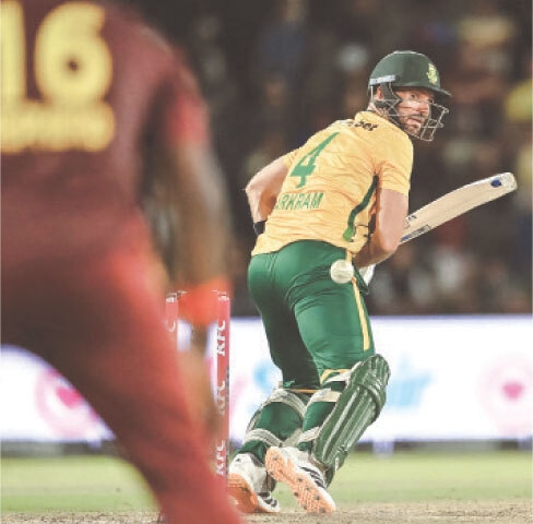 PAARL: South African captain Aiden Markram looks on after playing a late cut during the first Twenty20 International against the West Indies at Boland Park.—AFP