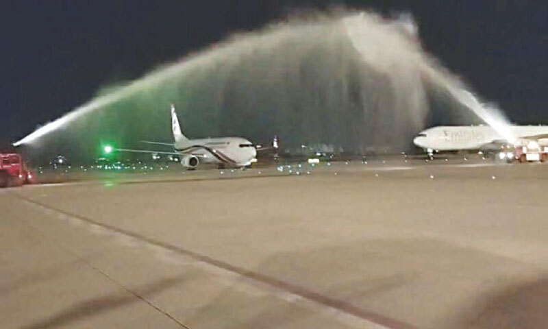 THE Biman Bangladesh Airlines aircraft is accorded the traditional water cannon salute upon its arrival at Karachi airport on Thursday.&mdash;Dawn