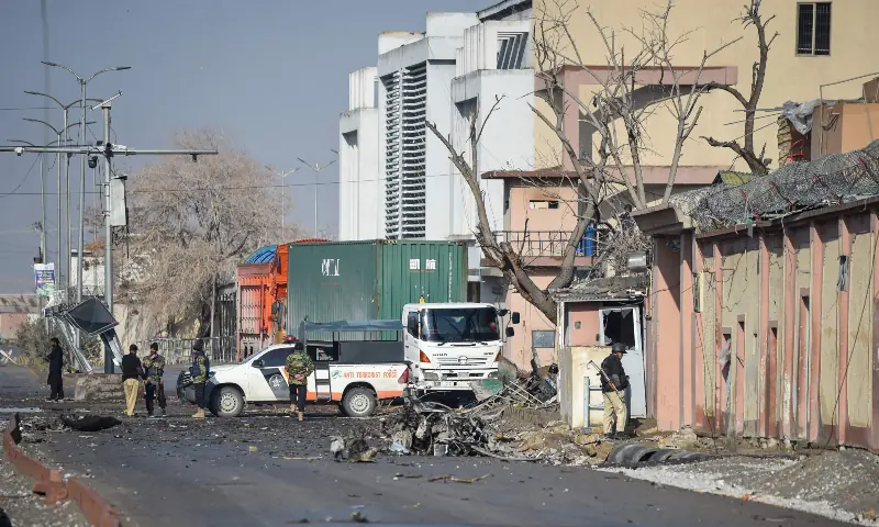 Security personnel stand at the blast site in Quetta on Feb 1, 2026, a day after a terrorist attack. &mdash; AFP