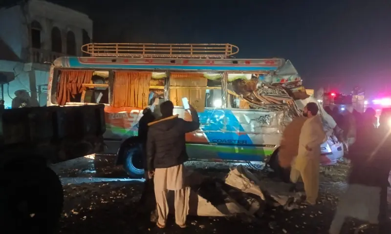 A bus that was carrying wedding guests and overturned after colliding with a truck in the Mandhali Mor area of Punjab&rsquo;s Lodhran district, on Feb 1, 2026. &mdash; Rescue 1122