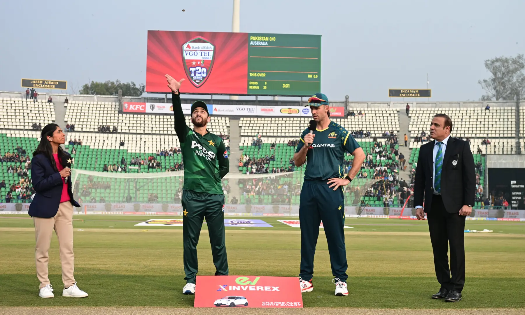 Pakistan captain Salman Ali Agha and Australia captain Mitchell Marsh at the toss ahead of their first T20I match, at Lahore’s Gaddafi Stadium on Feb 1, 2026. — X/TheRealPCB Pakistan captain Salman Ali Agha and Australia captain Mitchell Marsh at the toss ahead of their first T20I match, at Lahore’s Gaddafi Stadium on Feb 1, 2026. — X/TheRealPCB