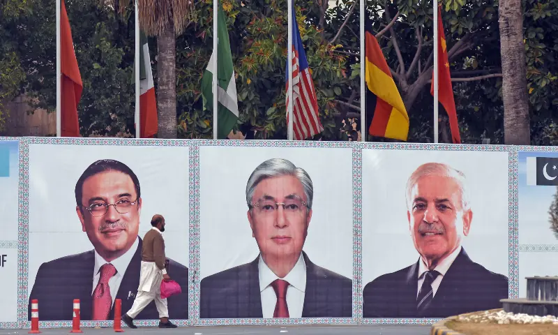 A banner of portraits of President Asif Ali Zardari, Kazakhstan President Kassym-Jomart Tokayev and Prime Minister Shehbaz Sharif, is displayed alongside a road as President Tokayev is set to undertake a two-day official visit to Pakistan, in Islamabad on Feb 1, 2026. — Online photo by Waseem A banner of portraits of President Asif Ali Zardari, Kazakhstan President Kassym-Jomart Tokayev and Prime Minister Shehbaz Sharif, is displayed alongside a road as President Tokayev is set to undertake a two-day official visit to Pakistan, in Islamabad on Feb 1, 2026. — Online photo by Waseem