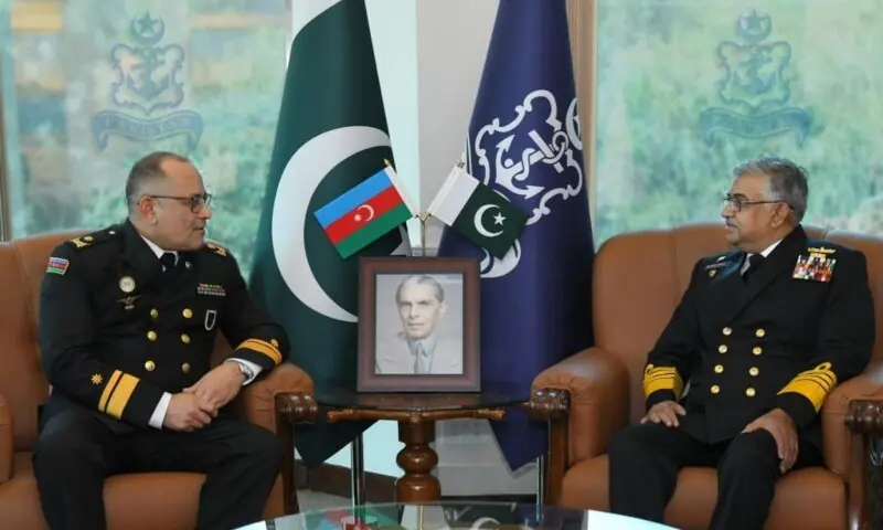 Chief of Naval Staff, Admiral Naveed Ashraf, meets with the Commander Azerbaijan Naval Forces (ANF), Rear Admiral Shahin Mammadov, at the Naval Headquarters in Islamabad on February 3. &mdash; Photo via ISPR