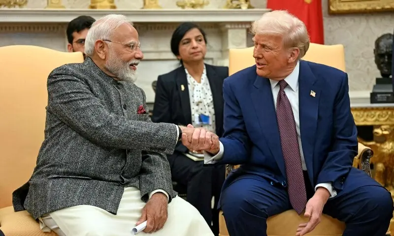 US President Donald Trump (R) shakes hands with Indian Prime Minister Narendra Modi in the Oval Office of the White House in Washington, DC, on February 13, 2025. &mdash; AFP