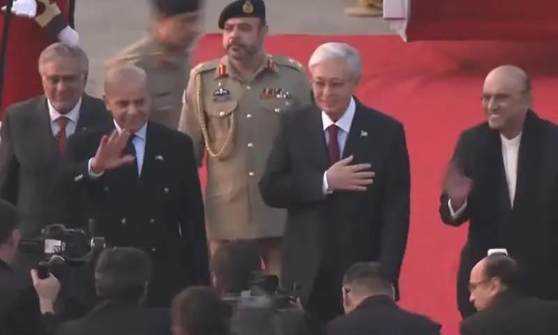 President Asif Ali Zardari, Prime Minister Shehbaz Sharif, and Deputy Prime Minister and Foreign Minister Ishaq Dar welcome Kazakh President Kassym-Jomart Tokayev upon his arrival at Rawalpindi’s Nur Khan airbase on Feb 3, 2026. — Screengrab via YouTube/PTV News President Asif Ali Zardari, Prime Minister Shehbaz Sharif, and Deputy Prime Minister and Foreign Minister Ishaq Dar welcome Kazakh President Kassym-Jomart Tokayev upon his arrival at Rawalpindi’s Nur Khan airbase on Feb 3, 2026. — Screengrab via YouTube/PTV News