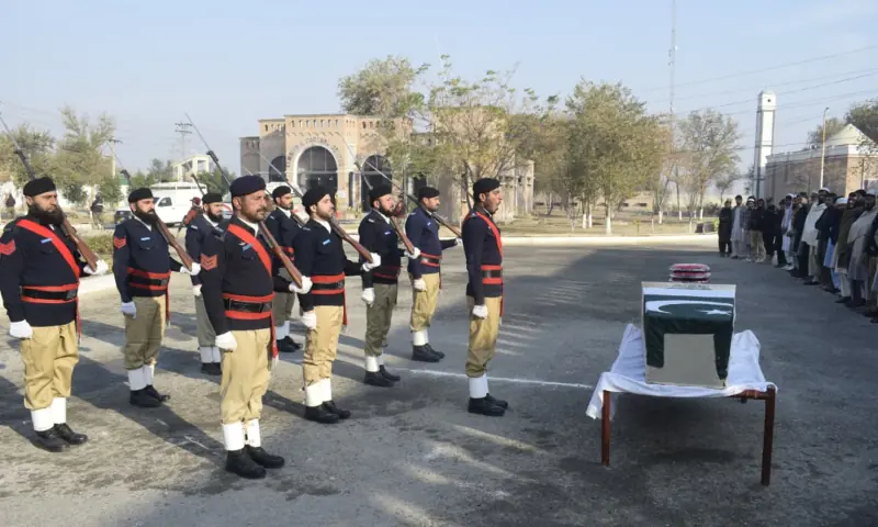 Funeral prayers are offered with honours for a police constable that was martyred in KP’s Lakki Marwat on Wednesday. — via Ghulam Mursalin Funeral prayers are offered with honours for a police constable that was martyred in KP’s Lakki Marwat on Wednesday. — via Ghulam Mursalin