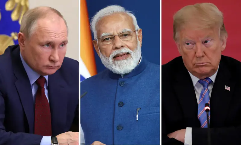 This photo combo shows Russian President Vladimir Putin chairing a meeting in Moscow on April 5, 2022 (L), Indian Prime Minister Narendra Modi speaks at a news conference in Berlin, Germany on May 2, 2022 (C) and US President Donald Trump during a meeting at the White House in Washington on June 26, 2020 (R). &mdash; via Reuters