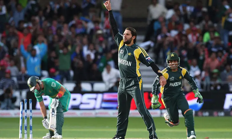 Shahid Afridi celebrates beating South Africa during the ICC World T20 at Trent Bridge, in Nottingham, the UK on June 18, 2009. &mdash; Facebook/Pakistan Cricket Board