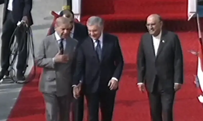 Uzbekistan President Shavkat Mirziyoyev arrives in Pakistan on February 5. &mdash; Screengrab via Radio Pakistan/X