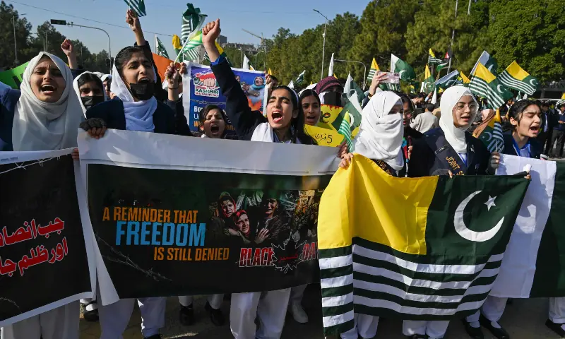 Students march during a rally to mark Kashmir Solidarity Day in Islamabad on Feb 5, 2026. — AFP Students march during a rally to mark Kashmir Solidarity Day in Islamabad on Feb 5, 2026. — AFP