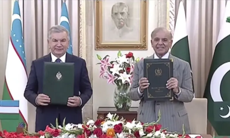 Prime Minister Shehbaz Sharif and Uzbekistan President Shavkat Mirziyoyev can be seen ahead of the signing of memoranda of understandings (MoUs) between the two countries in Islamabad on February 5, 2026. &mdash;DawnNewsTV