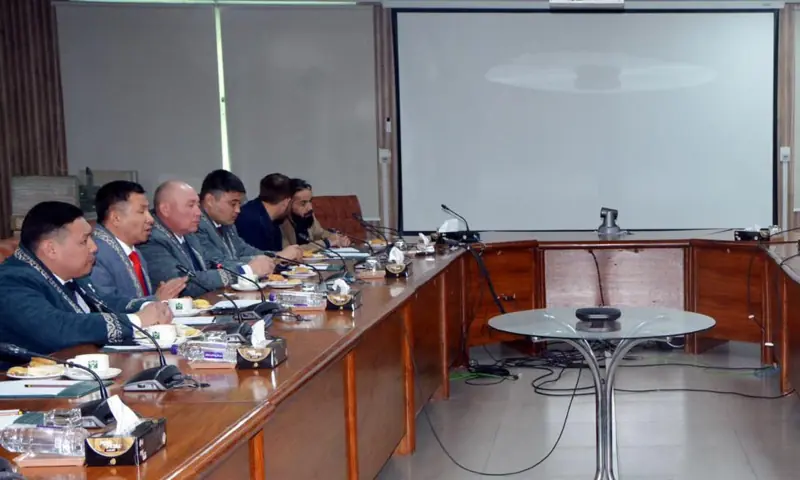 Federal Minister for the Board of Investment (BOI) Qaiser Ahmed Sheikh (not pictured) holds a meeting with a delegation from Elaman Group from Kazakhstan, in Islamabad on Feb 5. &mdash; PID