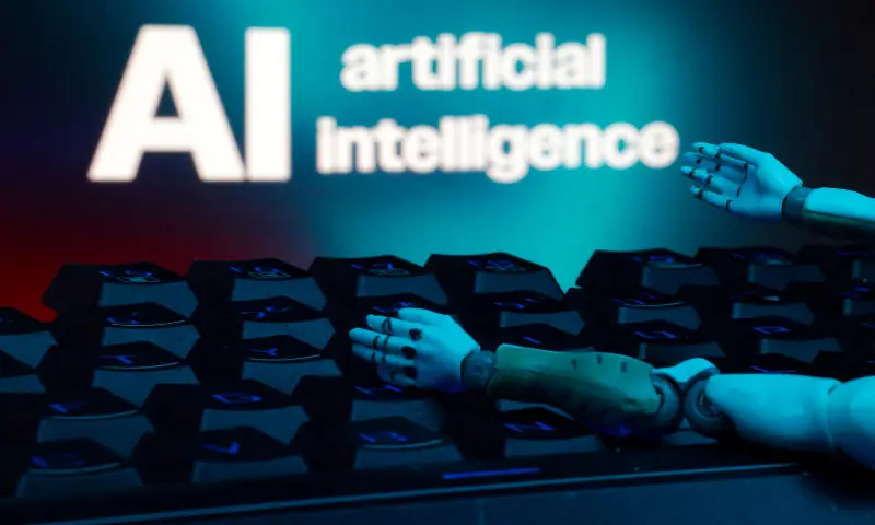 A message reading &ldquo;AI artificial intelligence&rdquo;, a keyboard, and robot hands are seen in this illustration taken on January 27, 2025. &mdash; Reuters/File
