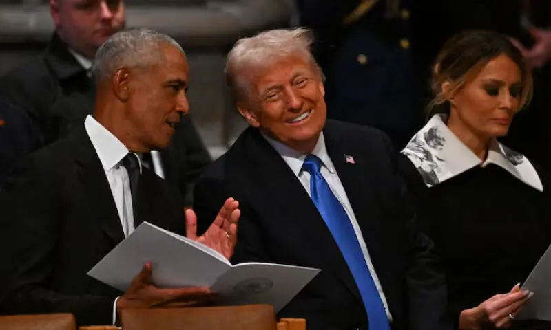 Former US President Barack Obama and US President Donald Trump speak at an event in Washington, D.C. on January 9, 2025. &mdash; Reuters