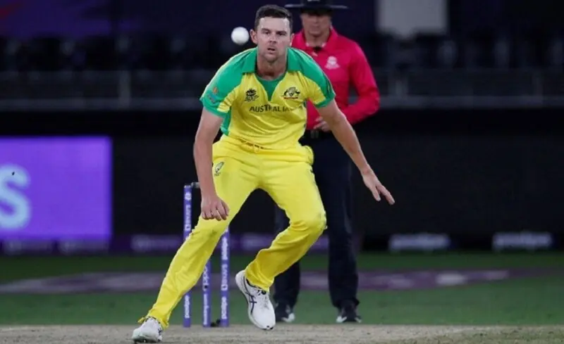 This file photo shows Australia&rsquo;s Josh Hazlewood in action during the World T20 2021 final against New Zealand on Nov 14. &mdash; Reuters/File
