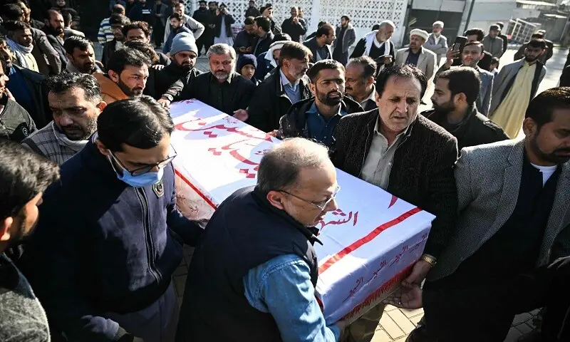 Mourners carry the coffin of a victim of the Islamabad imambargah attack on February 7, 2026. &mdash; AFP 
