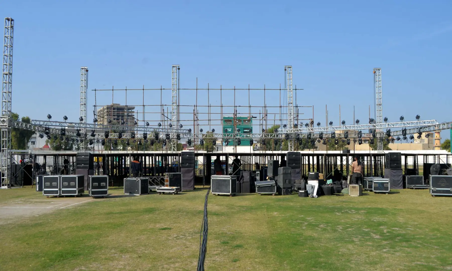  A view of the stage for Saturday&rsquo;s event at Niaz Stadium, Hyderabad. &mdash; Umair Ali Rajput 