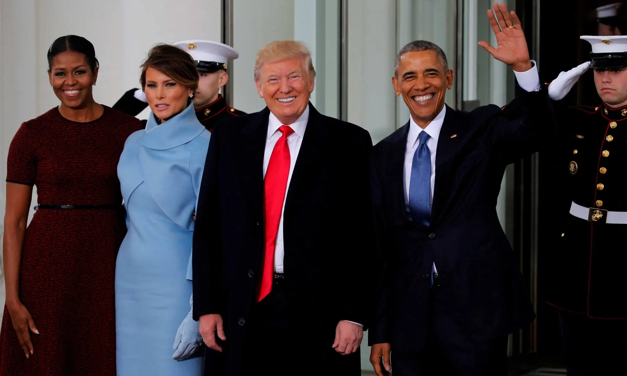 US President Barack Obama (R) and first lady Michelle Obama (L) greet U.S. President-elect Donald Trump and his wife Melania for tea before the inauguration at the White House in Washington, US on January 20, 2017. &mdash; Reuters
