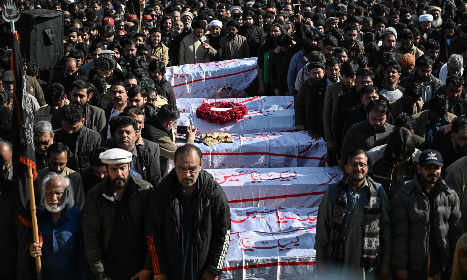 Mourners attend the funeral of an attack on an imambargah, in Islamabad on Feb 7, 2026. &mdash; AFP