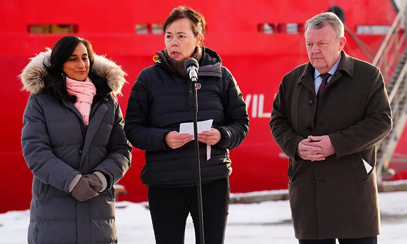 Danish Foreign Minister Lars Loekke Rasmussen (R), Canada&rsquo;s Foreign Minister Anita Anand (L) and Greenland&rsquo;s Minister for Foreign Affairs Vivian Motzfeldt attend a joint press conference in Nuuk, Greenland on February 7. &mdash; AFP