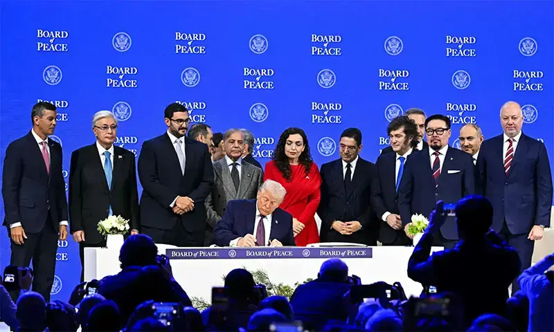 Prime Minister Shehbaz Sharif and others pose with US President Donald Trump signing the founding charter at the “Board of Peace” meeting during the World Economic Forum annual meeting in Davos, Switzerland on January 22. — AFP/ File Prime Minister Shehbaz Sharif and others pose with US President Donald Trump signing the founding charter at the “Board of Peace” meeting during the World Economic Forum annual meeting in Davos, Switzerland on January 22. — AFP/ File