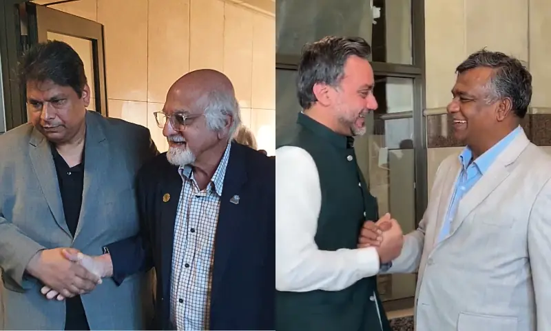 ICC Deputy Chair Imran Khawaja and BCB President Aminul Islam Bulbul arrive in Lahore on Feb 8, 2026. &mdash; X/TheRealPCBMedia