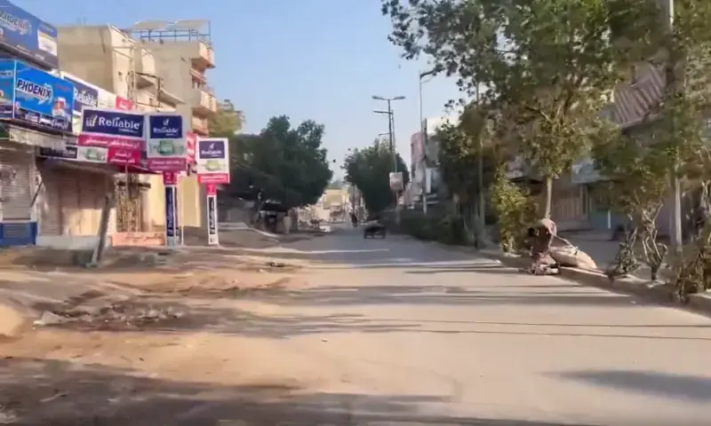 Shops along a road are closed in this screengrab taken from a video posted by the TTAP during its strike call in Sindh&rsquo;s Mirpurkhas on Feb 8, 2026. &mdash; X/TTAP_OFFICIAL