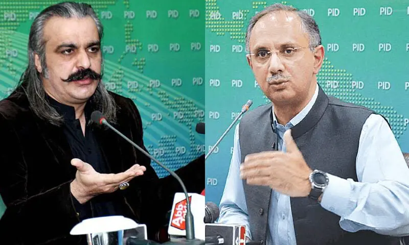 A collage of former Khyber Pakhtunkhwa chief minister Ali Amin Gandapur and ex-National Assembly opposition leader Omar Ayub. &mdash; APP