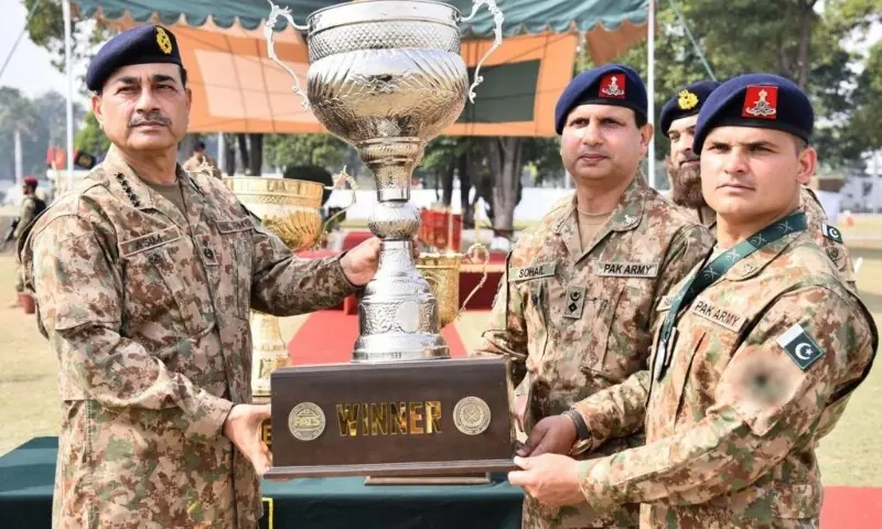 Chief of Defence Forces and Chief of Army Staff Field Marshal Asim Munir presents a trophy to the winning team of 9th International Pakistan Army Team Spirit (PATS) Competition on Feb 9, 2026. &mdash; ISPR