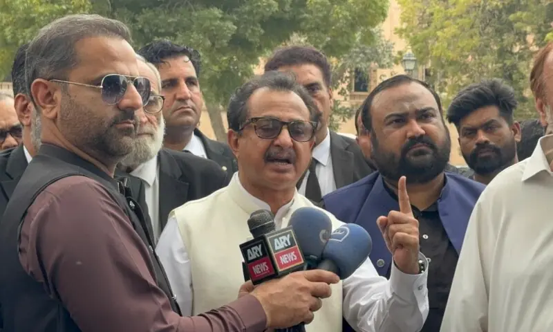 PTI Sindh President Haleem Adil Sheikh speaks to the media on February 10. &mdash; Photo via author