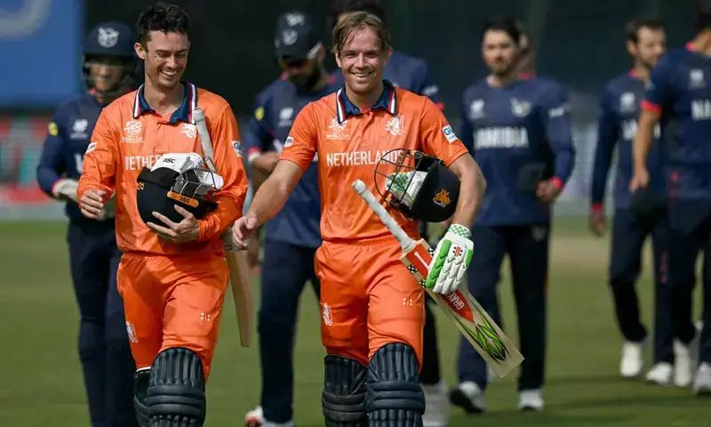 Netherlands’ captain Scott Edwards (L) and Bas de Leede walk back to the pavilion as they celebrate their team’s win against Namibia at the end of the 2026 ICC Men’s T20 Cricket World Cup group stage match in the Arun Jaitley Stadium, New Delhi on February 10, 2026. — AFP Netherlands’ captain Scott Edwards (L) and Bas de Leede walk back to the pavilion as they celebrate their team’s win against Namibia at the end of the 2026 ICC Men’s T20 Cricket World Cup group stage match in the Arun Jaitley Stadium, New Delhi on February 10, 2026. — AFP