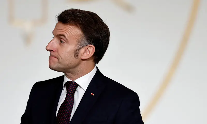 French President Emmanuel Macron reacts as he delivers a speech during a meeting with students from the &ldquo;Prepas Talents du service public&rdquo; as part of a program that aims to give every young person an opportunity to join the civil service, at the Elysee Palace in Paris, France on February 6, 2026. &mdash; Reuters/File