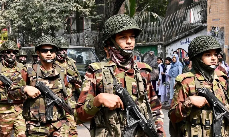 Bangladesh Army personnel patrol outside a polling station in Dhaka on February 10, 2025 ahead of the country&rsquo;s general election on February 12. &mdash;AFP