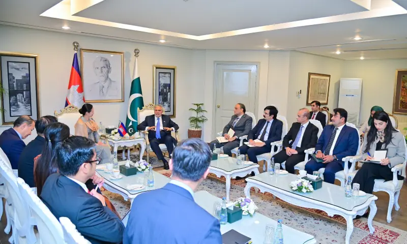 Cambodia&rsquo;s Minister of Commerce Cham Nimul meets with Foreign Minister Ishaq Dar at the Ministry of Foreign Affairs in Islamabad on Feb 10. &mdash; ForeignOfficePk via X