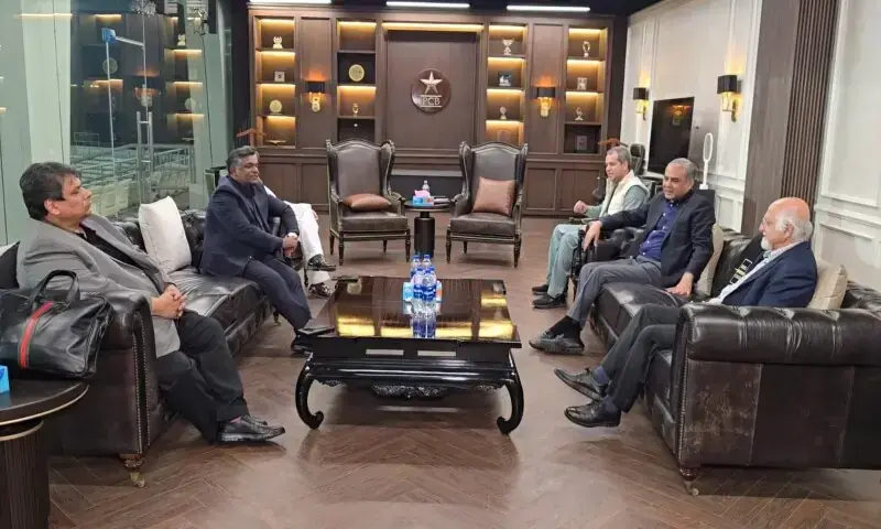 A meeting between the International Cricket Council (ICC) and Pakistan Cricket Board (PCB) officials taking place in Lahore on Feb 8, 2026. &mdash; Screengrab via PCB video
