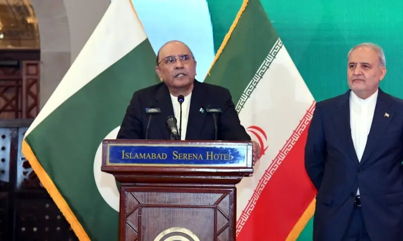 President Asif Ali Zardari addresses a ceremony hosted by the Iranian embassy in Islamabad on the 47th anniversary of the 1979 Islamic Revolution on Fenruary 11. - APP