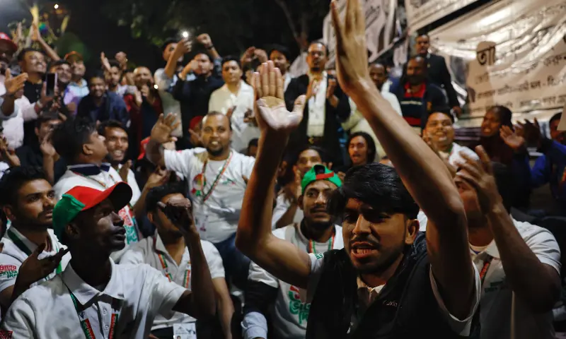 Supporters of the Bangladesh Nationalist Party (BNP) chant slogans as they celebrate unofficial news of Tarique Rahman&rsquo;s win in his constituency in the 13th general election near the party&rsquo;s Gulshan office in Dhaka, Bangladesh on February 12, 2026. &mdash; Reuters