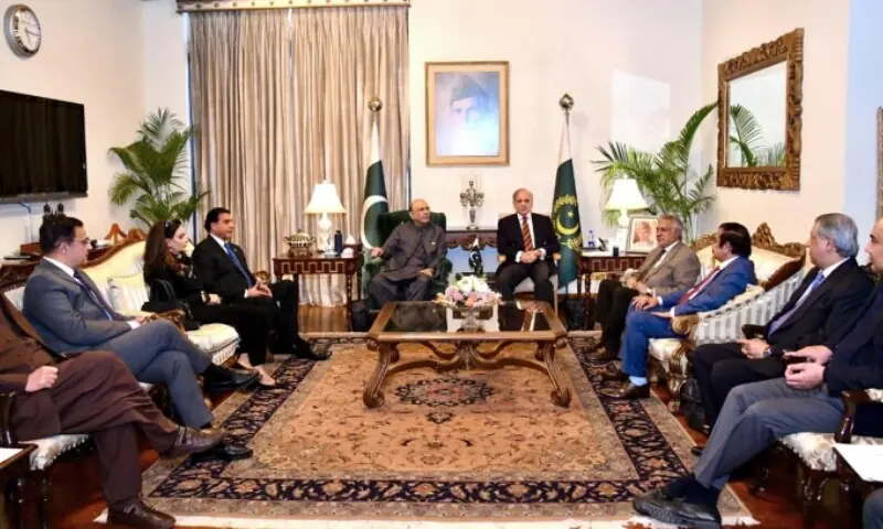 President Asif Ali Zardari and PM Shehbaz Sharif meet alongside their respective delegations.&mdash;APP