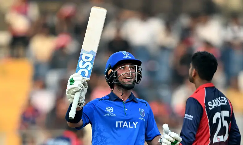 Italy&rsquo;s Justin Mosca celebrates after scoring a half-century (50 runs) during the 2026 ICC Men&rsquo;s T20 Cricket World Cup group stage match between Nepal and Italy at the Wankhede Stadium in Mumbai on February 12, 2026. &mdash; AFP
