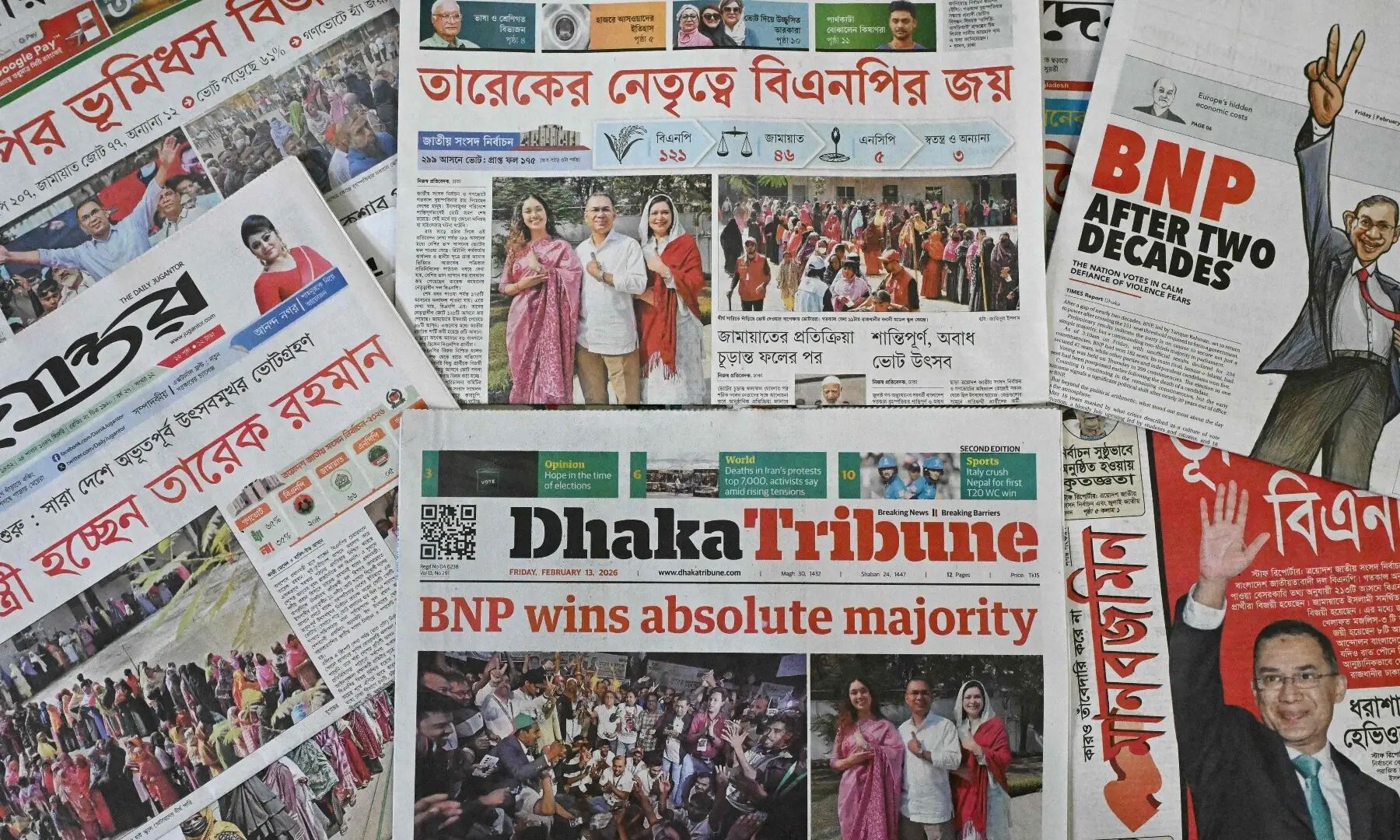 The front pages of newspapers featuring Bangladesh Nationalist Party (BNP) chairman and election candidate Tarique Rahman, are pictured in Dhaka on February 13, 2026. &mdash;AFP