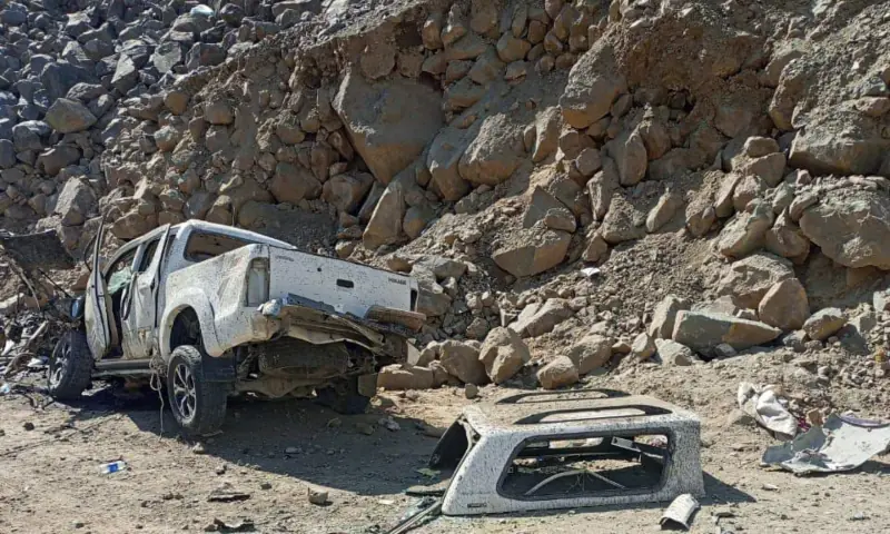 Remains of a vehicle after an improvised explosive device (IED) blast near an FWO vehicle in the Tangir valley of Diamer on Feb 12. — photo via Jamil Nagri Remains of a vehicle after an improvised explosive device (IED) blast near an FWO vehicle in the Tangir valley of Diamer on Feb 12. — photo via Jamil Nagri