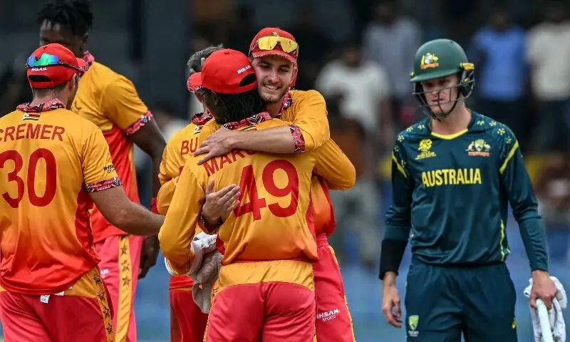 Zimbabwe&rsquo;s Brian Bennett (C, back) celebrates with teammates after their team&rsquo;s win in the 2026 ICC Men&rsquo;s T20 Cricket World Cup group stage match between Australia and Zimbabwe at the R Premadasa Stadium in Colombo on February 13, 2026. &mdash;AFP