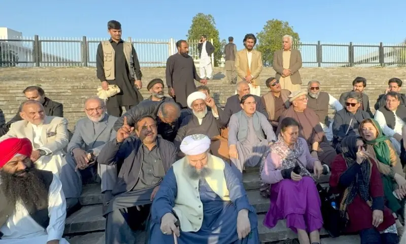 The TTAP leadership stages sit-in at Parliament House on February 13. &mdash; Tanveer Shahzad/White Star