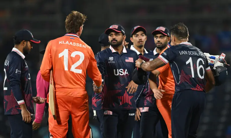 USA&rsquo;s captain Monank Patel (C) and Netherlands&rsquo; Fred Klaassen shake hands after the 2026 ICC Men&rsquo;s T20 Cricket World Cup group stage match between Netherlands and USA at MA Chidambaram Stadium in Chennai on February 13, 2026. &mdash; AFP