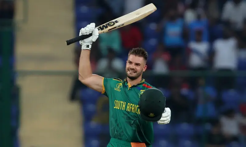 South Africa’s Aiden Markram celebrates after reaching his century, the fastest ODI World Cup hundred, off 49 balls during T20 World Cup 2023 in New Delhi. — Reuters South Africa’s Aiden Markram celebrates after reaching his century, the fastest ODI World Cup hundred, off 49 balls during T20 World Cup 2023 in New Delhi. — Reuters
