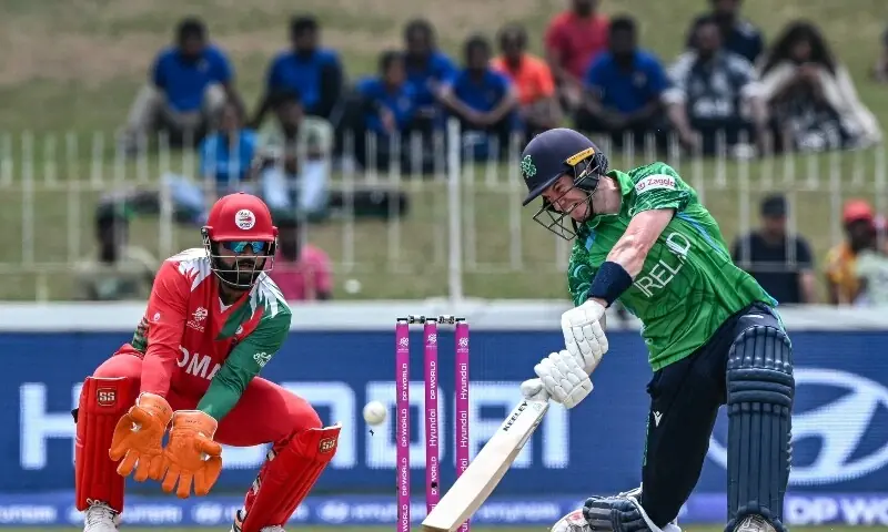Ireland&rsquo;s George Dockrell (R) plays a shot during the 2026 ICC Men&rsquo;s T20 Cricket World Cup group stage match between Ireland and Oman at the Sinhalese Sports Club Ground in Colombo on February 14, 2026. &mdash;AFP