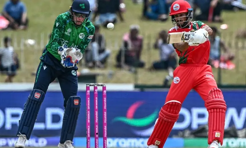 Oman&rsquo;s Hammad Mirza (R) plays a shot during the 2026 ICC Men&rsquo;s T20 Cricket World Cup group stage match between Ireland and Oman at the Sinhalese Sports Club Ground in Colombo on February 14, 2026. &mdash;AFP